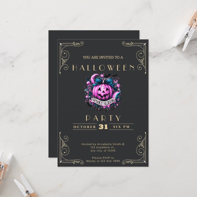 Chalkboard Black & Gold Spooky Season Halloween Invitation (Front/Back In Situ)