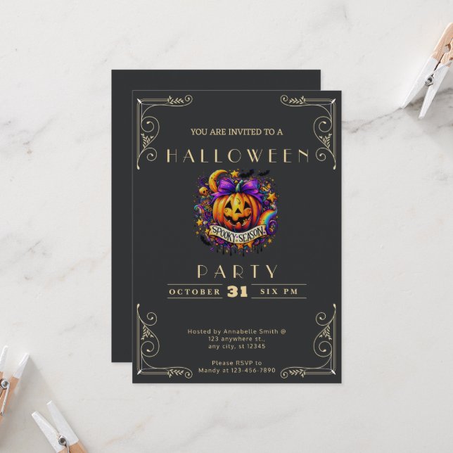 Chalkboard Black & Gold Spooky Season Halloween Invitation (Front/Back In Situ)