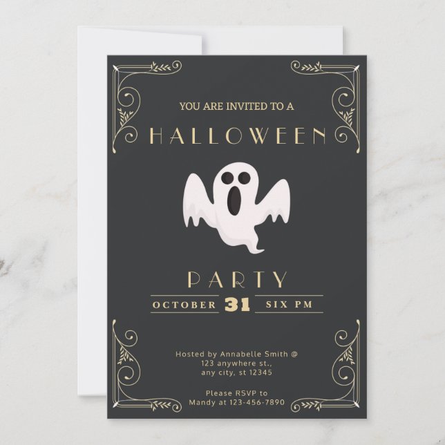 Chalkboard Black & Gold White Ghost Halloween Invitation (Front)