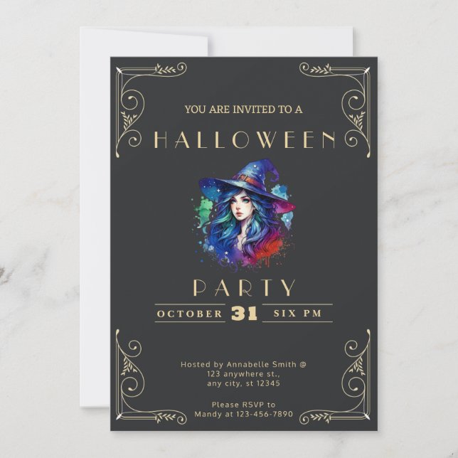 Chalkboard Black & Gold Witch Rainbow Halloween In Invitation (Front)