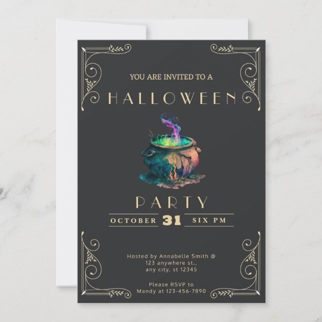 Chalkboard Black & Gold Witches Cauldron Halloween Invitation (Front)