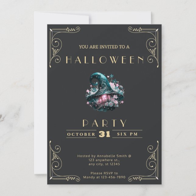 Chalkboard Black & Gold Witches Hat Halloween Invitation (Front)