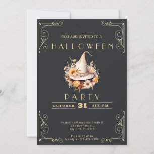 Chalkboard Black & Gold Witch's Hat Halloween Invitation