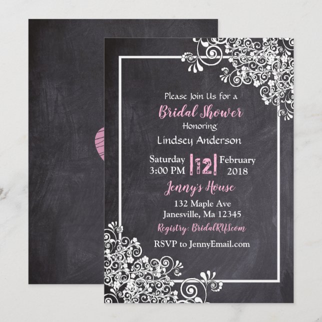 Chalkboard Black & Pink Bridal Shower Invitations (Front/Back)