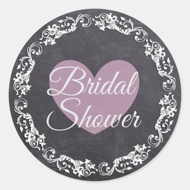 Chalkboard Black & Pink Heart Bridal Shower Classic Round Sticker (Front)