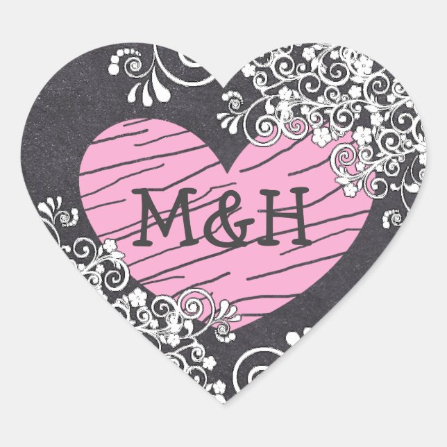 Chalkboard Black & Pink Heart  Wedding Stickers (Front)