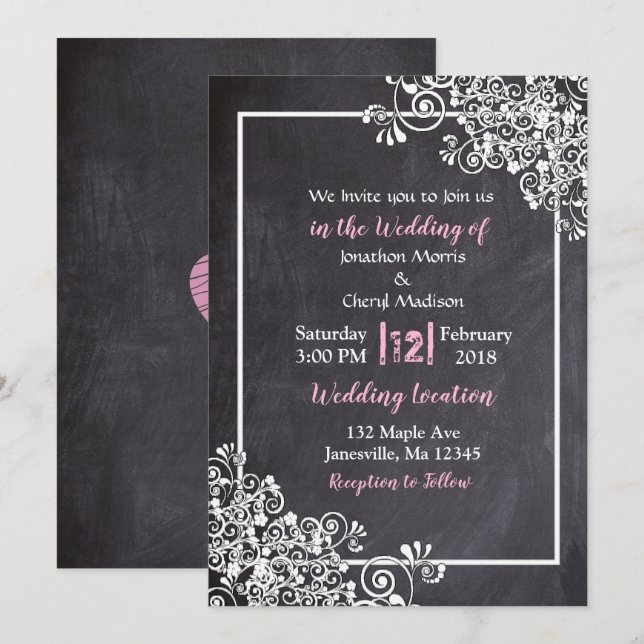 Chalkboard Black & Pink Script Wedding Invitations (Front/Back)