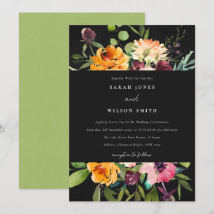CHALKBOARD BLACK PINK YELLOW ORANGE FLORAL WEDDING INVITATION