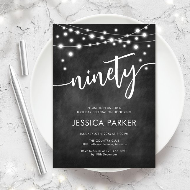 Chalkboard Black White 90th Birthday Party Invitation (Creator Uploaded)