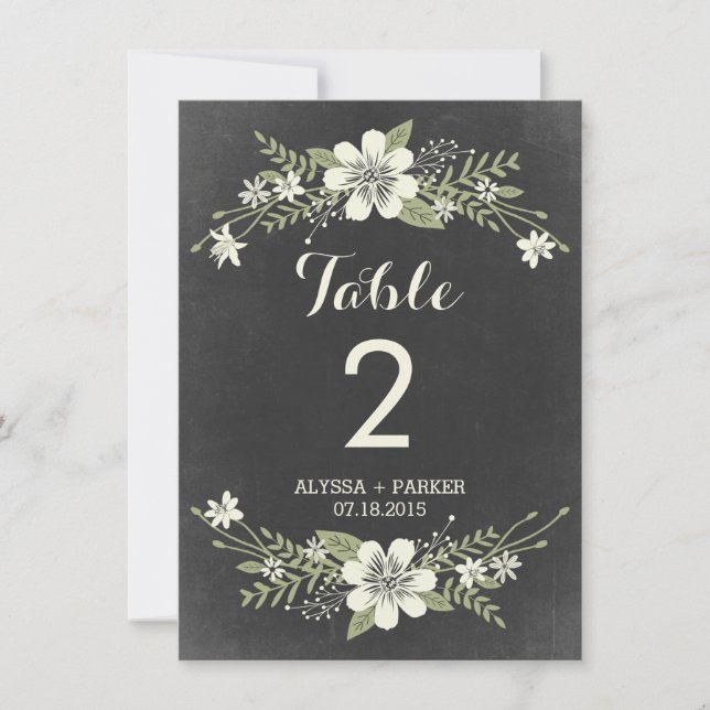 Chalkboard Blooms Double-Sided Table Number Card (Front)