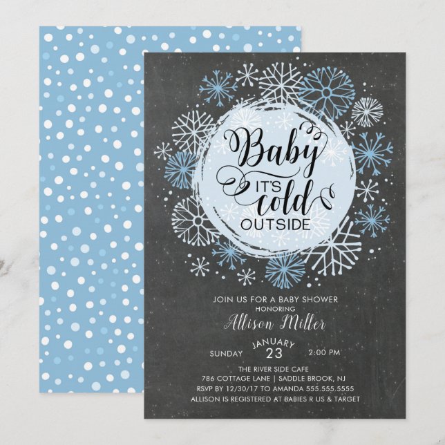 Chalkboard Blue Baby It's Cold Outside Invitation (Front/Back)