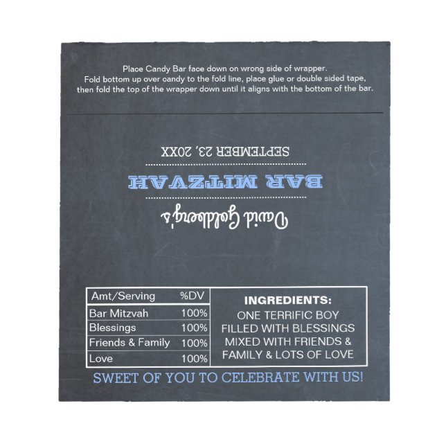 Chalkboard Blue Bar Mitzvah Candy Wrappers Notepad (Front)