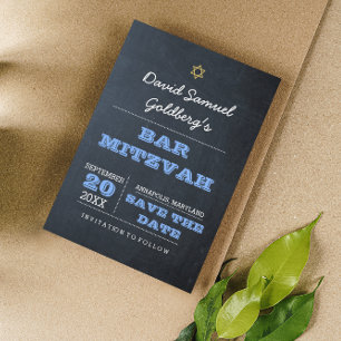 Chalkboard Blue Bar Mitzvah Save the Date Card