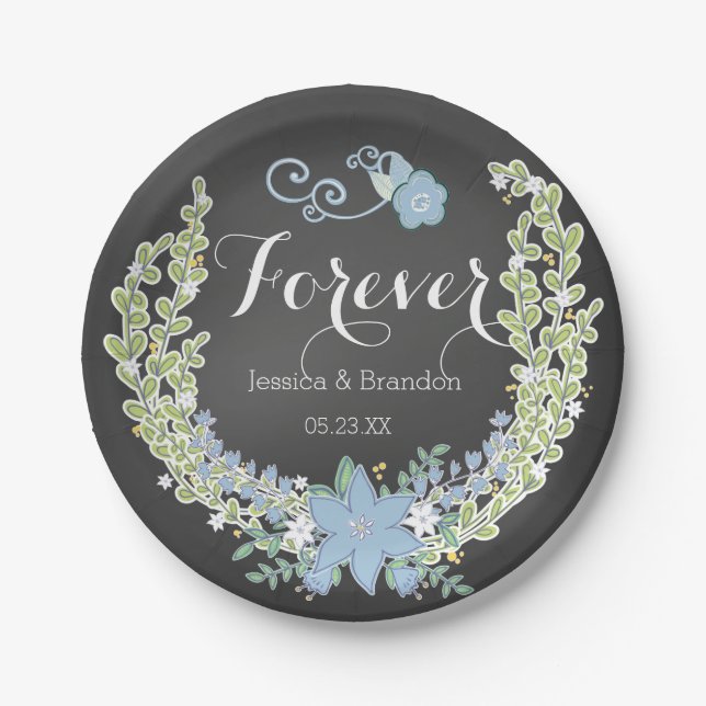 Chalkboard Blue Bells Forever Wedding Paper Plates (Front)