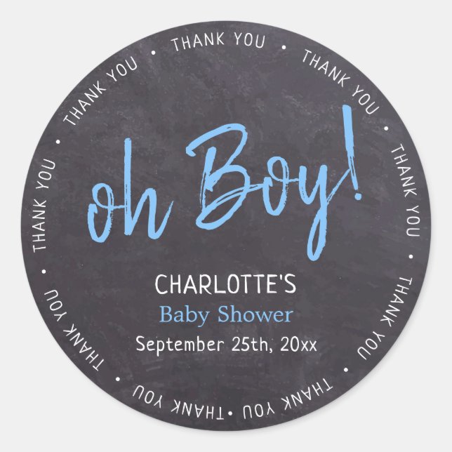 Chalkboard Blue Boy Baby Shower Thank You Classic Round Sticker (Front)