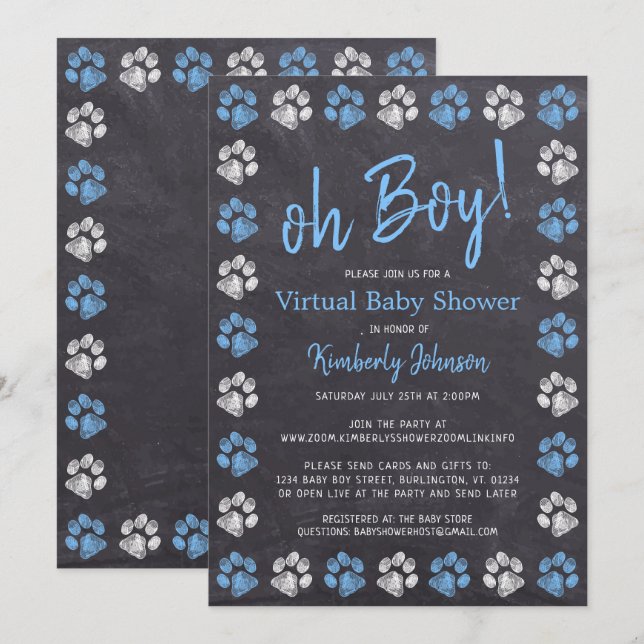 Chalkboard Blue Boy Paw Print Virtual Baby Shower Invitation (Front/Back)