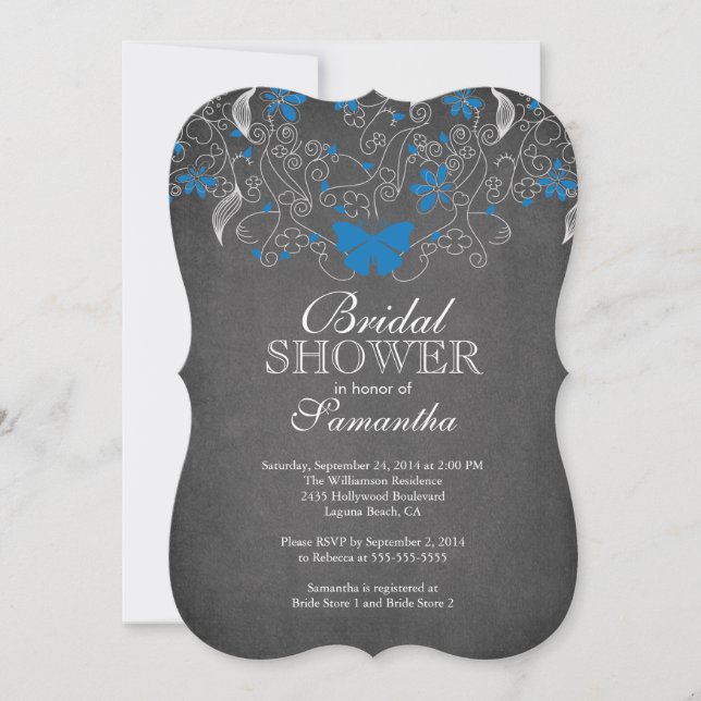 Chalkboard Blue Butterfly Floral Bridal Shower Invitation (Front)