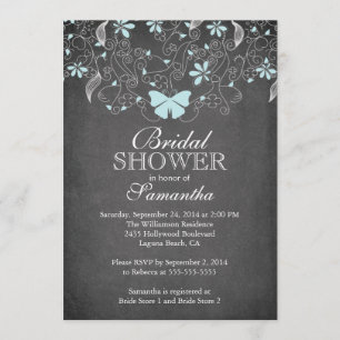 Chalkboard Blue Butterfly Floral Bridal Shower Invitation