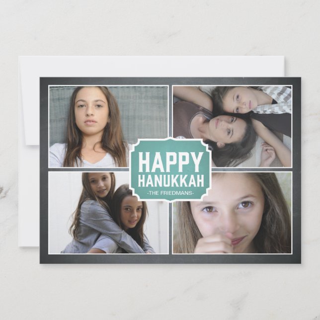 Chalkboard Blue Framed Hanukkah Photo Card (Front)