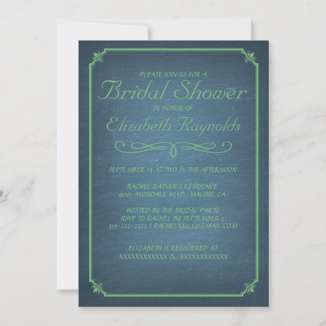 Chalkboard Blue & Green Bridal Shower Invitations (Front)