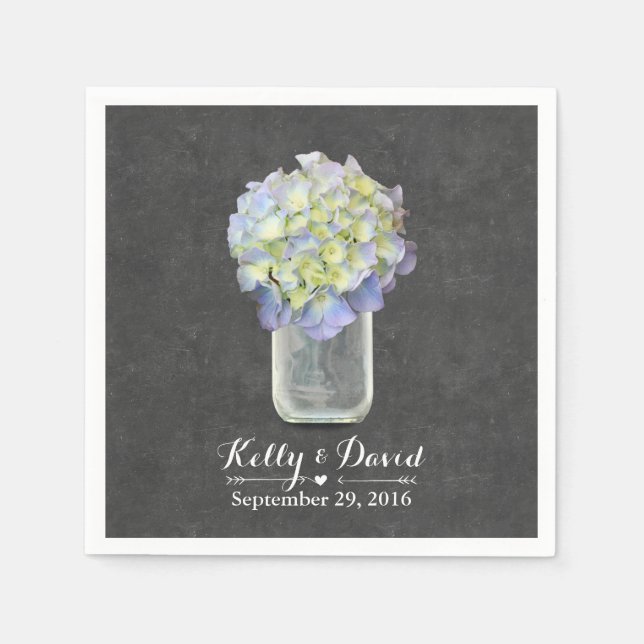 Chalkboard Blue Hydrangea Mason Jar Wedding Napkin (Front)