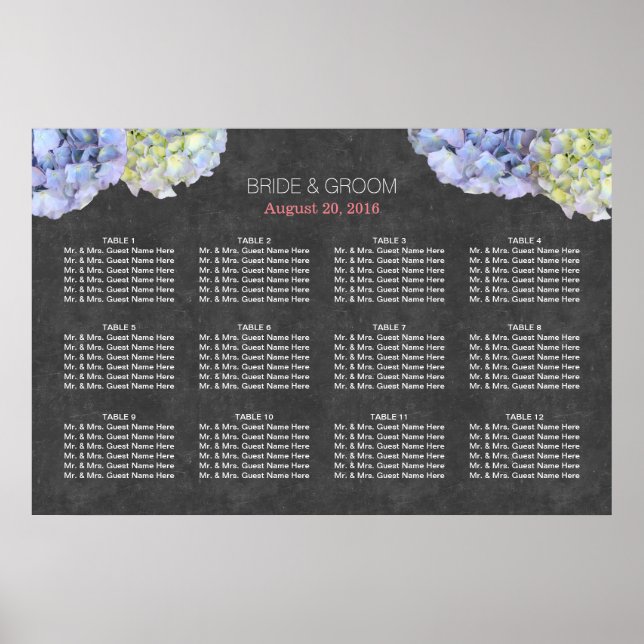 Chalkboard Blue Hydrangea Wedding Seating Chart (Front)