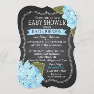 Chalkboard Blue Hydrangeas Baby Shower Invitation