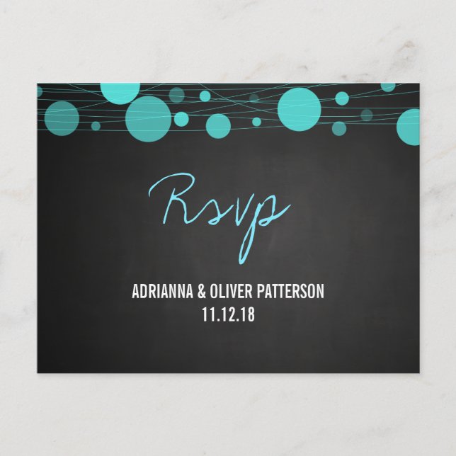 Chalkboard Blue Lanterns Rustic Wedding RSVP Invitation Postcard (Front)