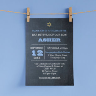 Chalkboard Blue Large Name Aligned Bar Mitzvah Invitation