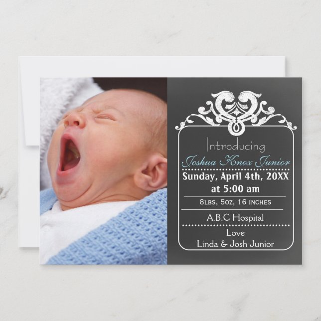 Chalkboard blue new baby photo announcement (Front)