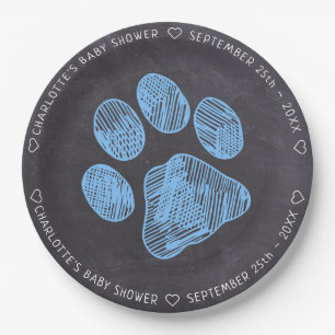 Chalkboard Blue Paw Print Baby Shower Paper Plate