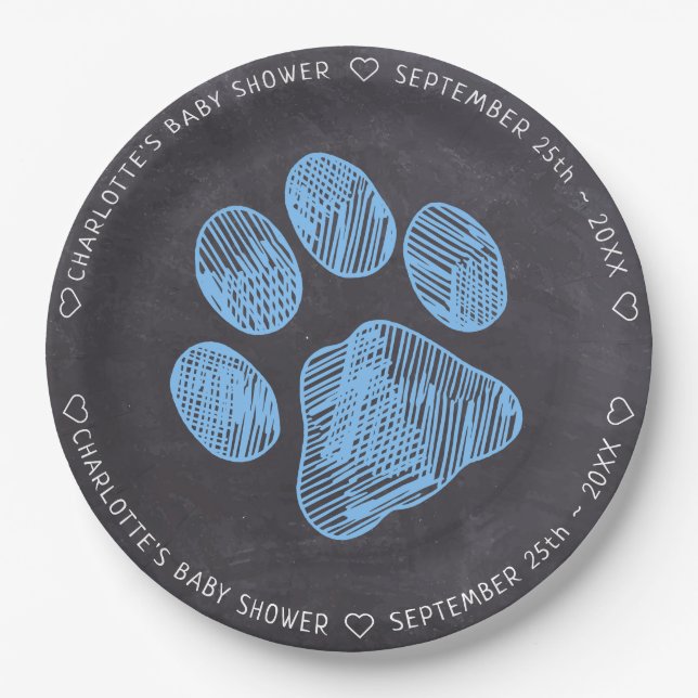 Chalkboard Blue Paw Print Baby Shower Paper Plate (Front)
