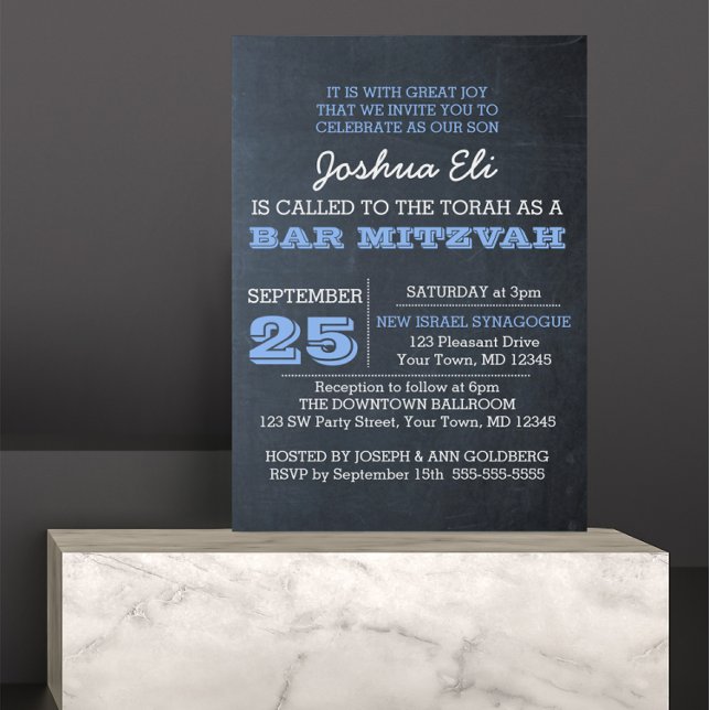 Chalkboard Blue Photo Bar Mitzvah Invitation (Creator Uploaded)