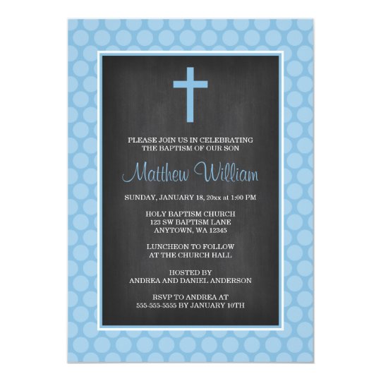 Chalkboard Blue Polka Dot Cross Boy Baptism Card