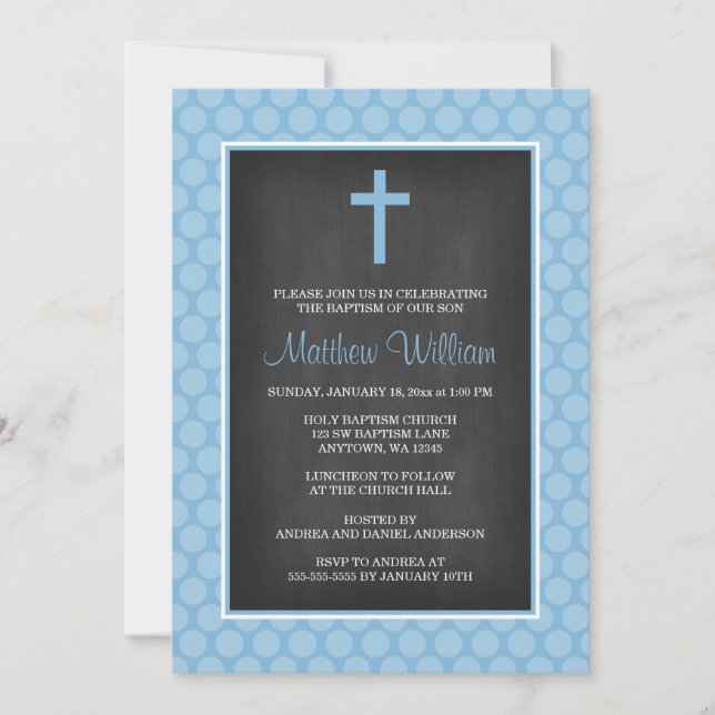 Chalkboard Blue Polka Dot Cross Boy Baptism Invitation (Front)