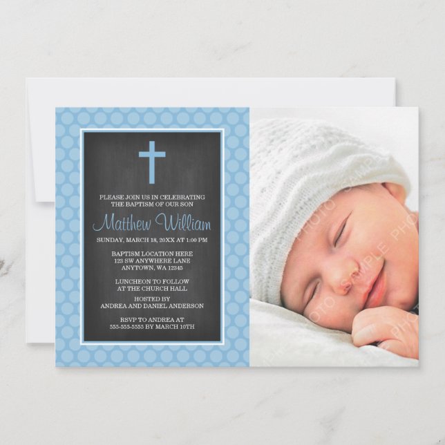 Chalkboard Blue Polka Dot Cross Boy Photo Baptism Invitation (Front)