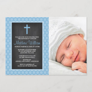 Chalkboard Blue Polka Dot Cross Boy Photo Baptism Invitation