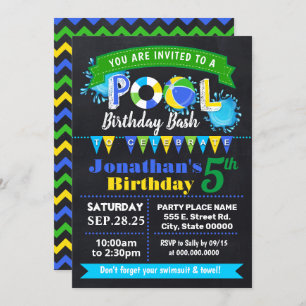 Chalkboard Blue Pool birthday summer bash Invitation