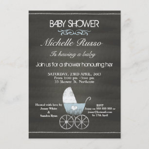 Chalkboard Blue Pram Baby Shower Invitation