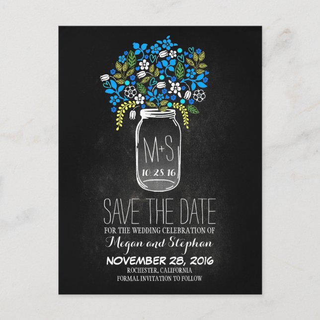 Chalkboard blue save the date - Floral Mason Jar Announcement Postcard (Front)