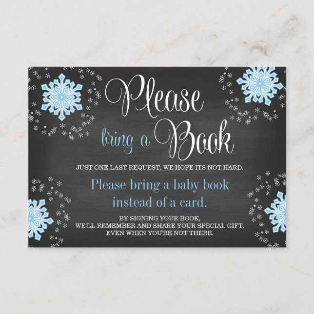 Chalkboard Blue Snowflake Baby Shower Bring a Book Enclosure Card (Front)