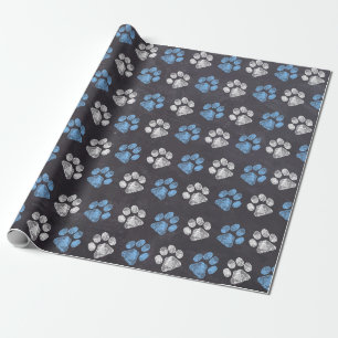 Chalkboard Blue White Paw Prints Wrapping Paper