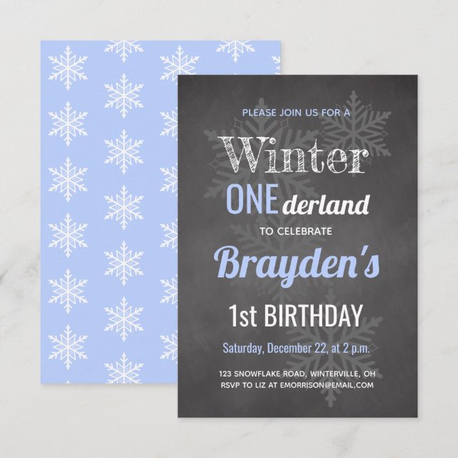 Chalkboard Blue Winter Onederland 1st Birthday Invitation (Front/Back)
