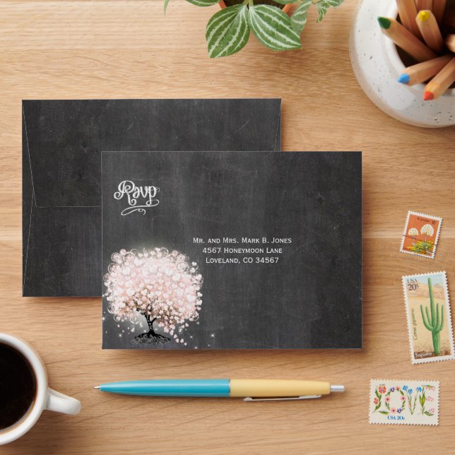 Chalkboard Blush Coral Pink Heart Leaf Tree RSVP Envelopes (Desk)