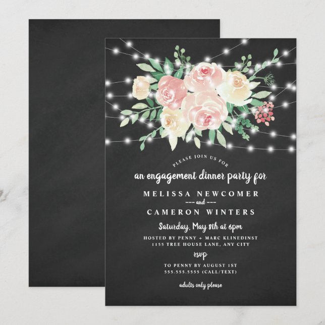 Chalkboard Blush Floral engagement dinner party Invitation (Front/Back)