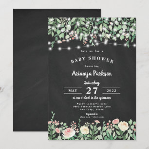 Chalkboard Blush Floral Lights Baby Shower Invitation