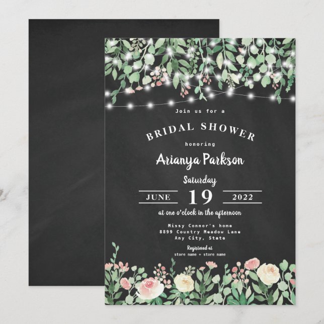 Chalkboard Blush Floral Lights Bridal Shower Invitation (Front/Back)