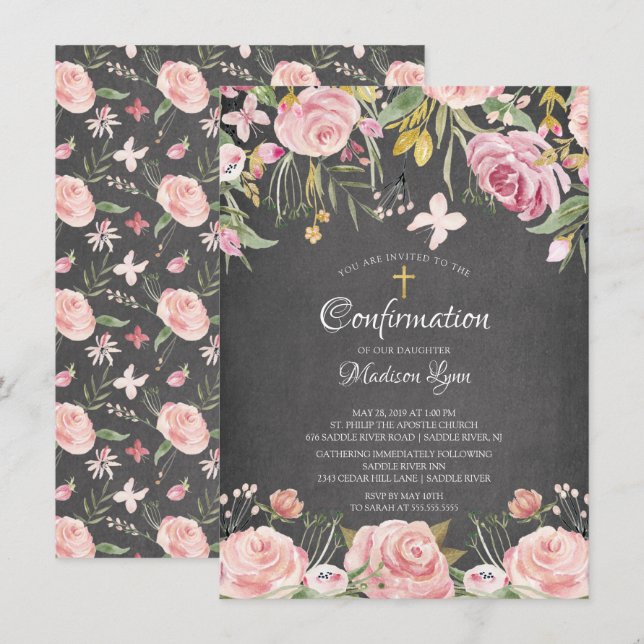Chalkboard Blush Pink Floral Confirmation Invitation (Front/Back)