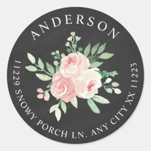 Chalkboard Blush Pink Floral return address Classic Round Sticker