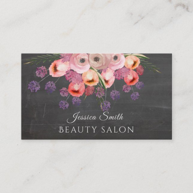 Chalkboard Boho elegant trendy watercolor floral Business Card (Front)